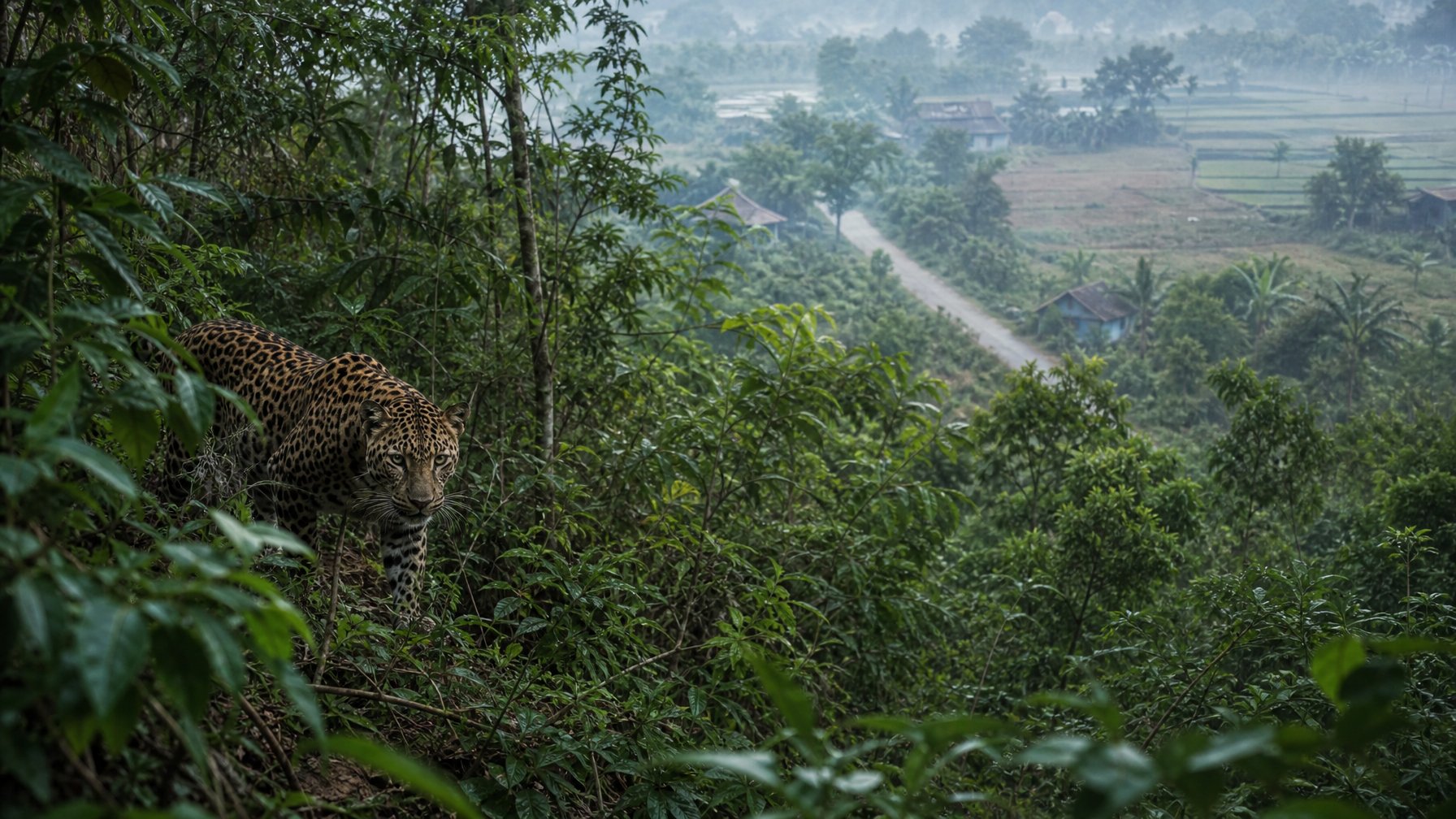 Seekor macan tutul Jawa berjalan di hutan tropis yang terfragmentasi dengan area terbuka dan lahan pertanian di jarak jauh.