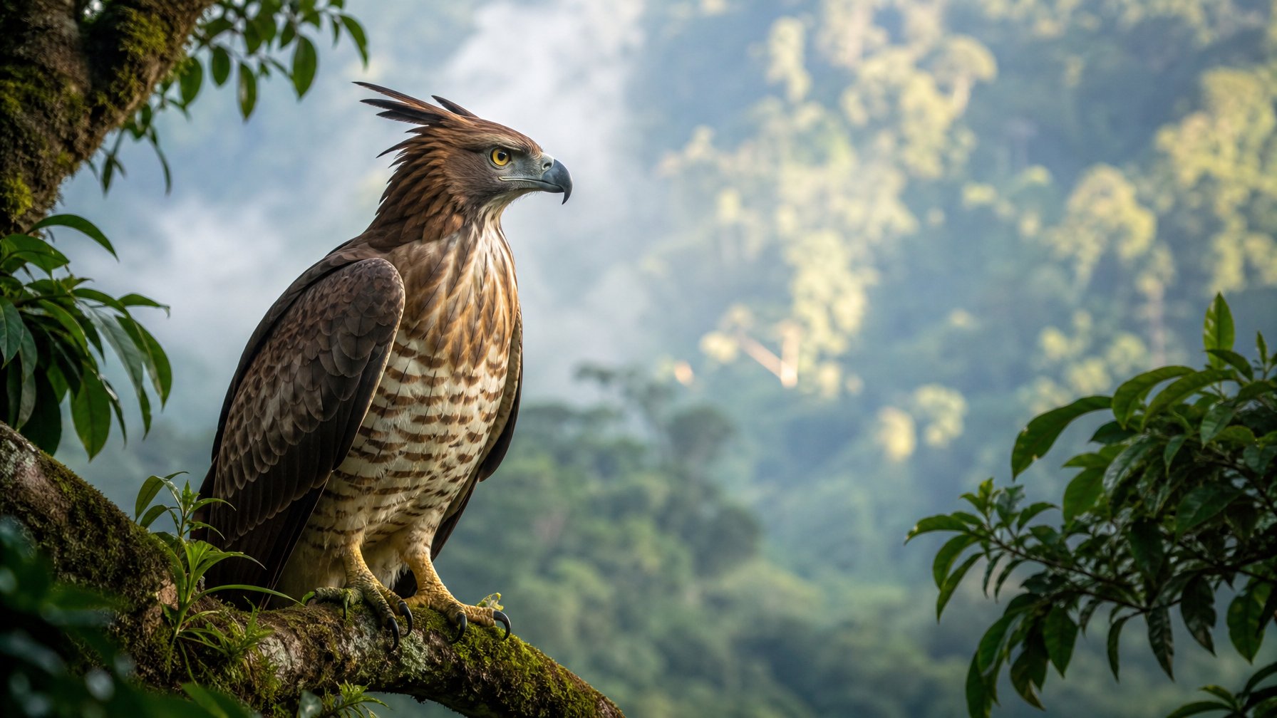 Seekor elang Jawa bertengger di dahan dalam hutan pegunungan yang rimbun.