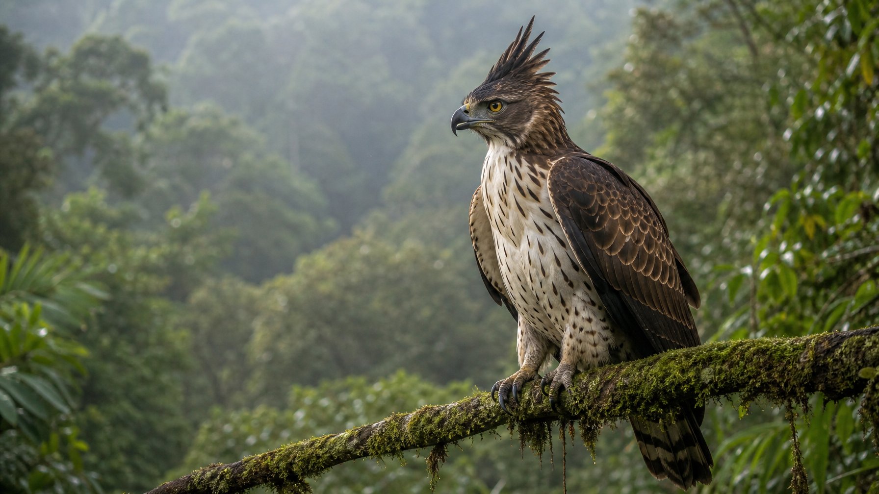 Seekor elang Jawa berjambul berdiri di dahan pohon dalam hutan pegunungan yang rimbun.