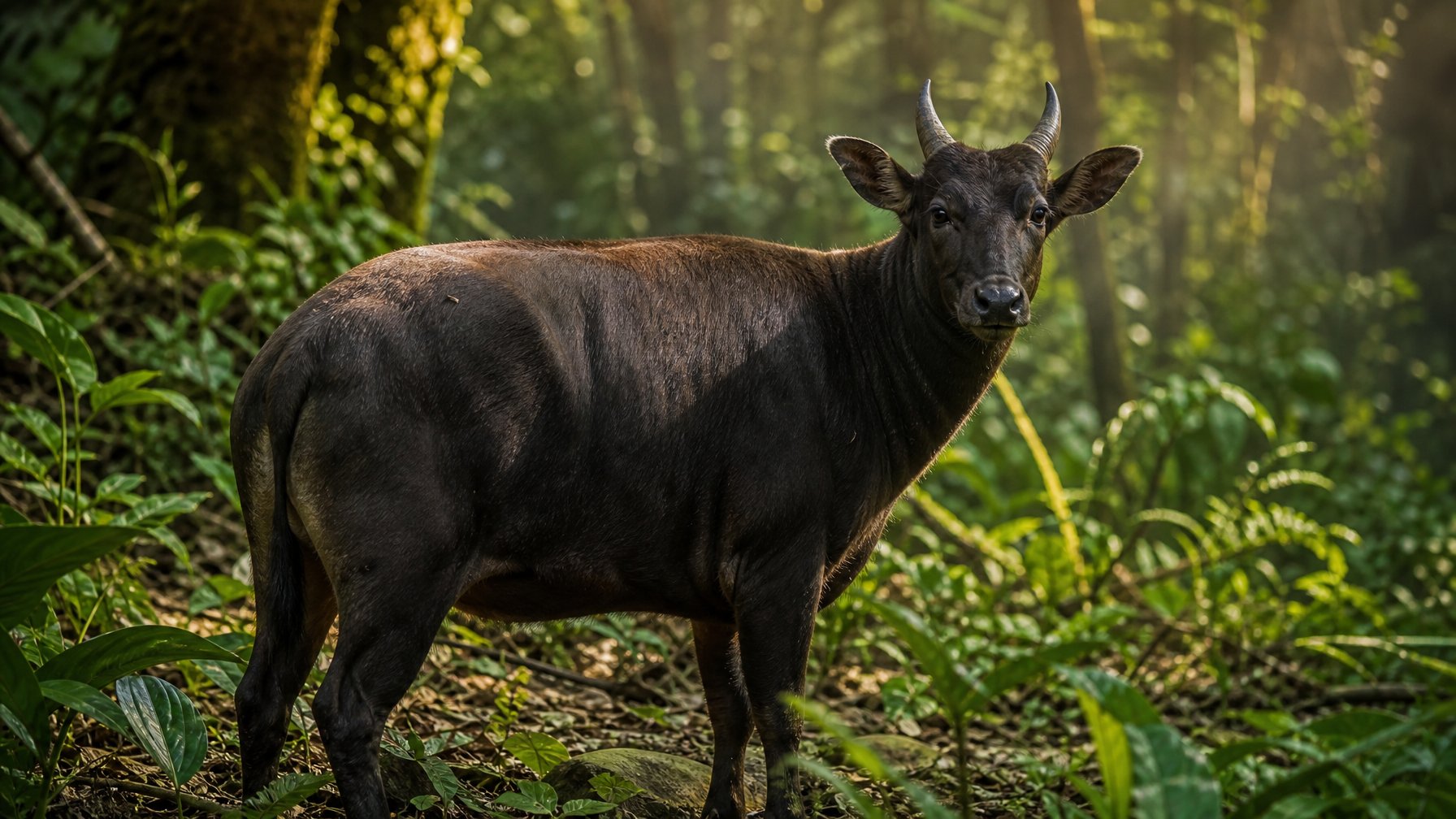 Seekor anoa berdiri waspada di tengah hutan hujan tropis Sulawesi yang lebat.