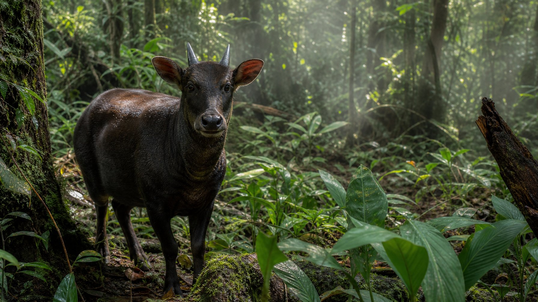 Seekor anoa berdiri di tengah hutan tropis Sulawesi yang rimbun.