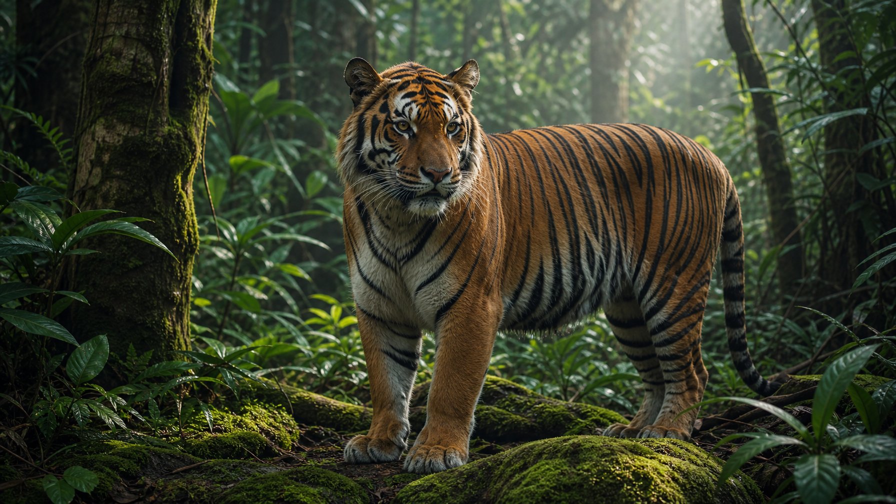 Seekor Harimau Sumatera berdiri di lantai hutan hujan tropis yang rimbun.