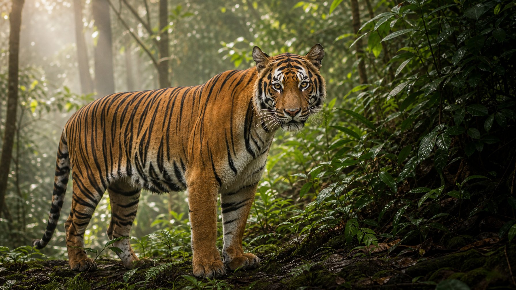 Seekor Harimau Sumatera berdiri di tengah hutan hujan tropis dengan waspada.