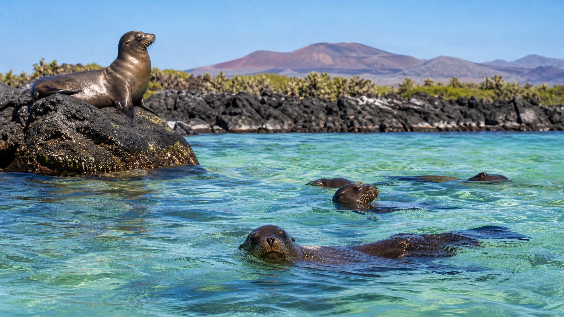 Sekelompok singa laut Galapagos beristirahat dan berenang di perairan jernih dekat pantai berbatu vulkanik.