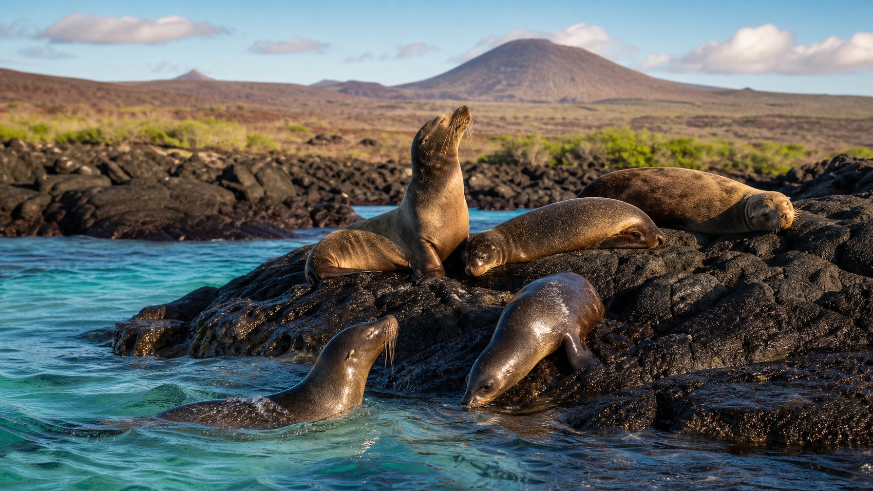 Sekelompok singa laut Galapagos beristirahat dan bermain di pantai berbatu vulkanik dengan air laut biru jernih.