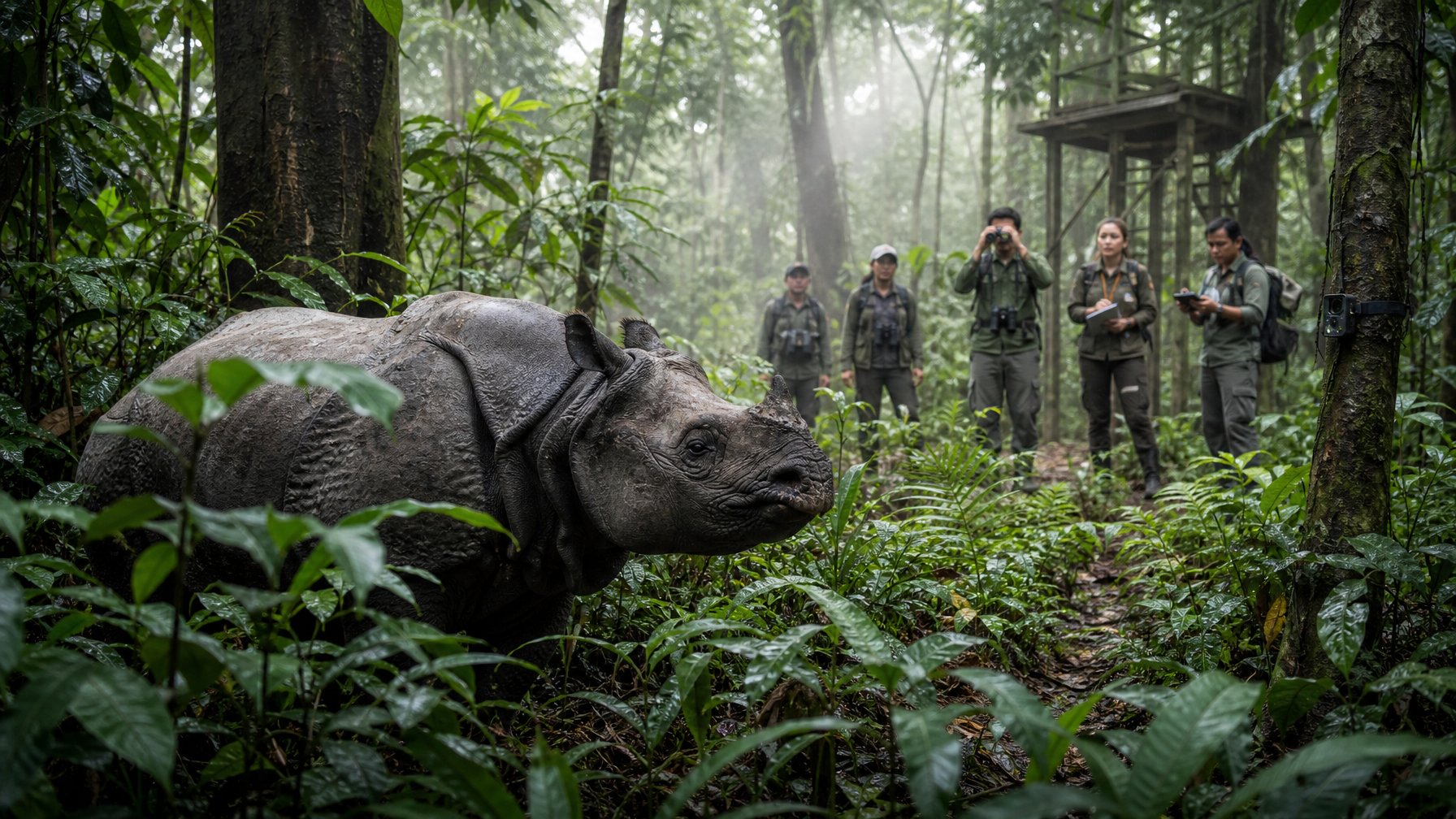 Badak Jawa berada di hutan tropis dengan beberapa penjagaan konservasi yang mengamatinya dari jarak jauh.