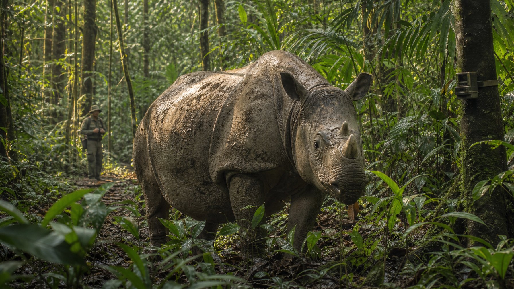 Seekor badak Jawa berdiri di tengah hutan hujan tropis yang rimbun dengan seorang penjaga konservasi di kedamaian.
