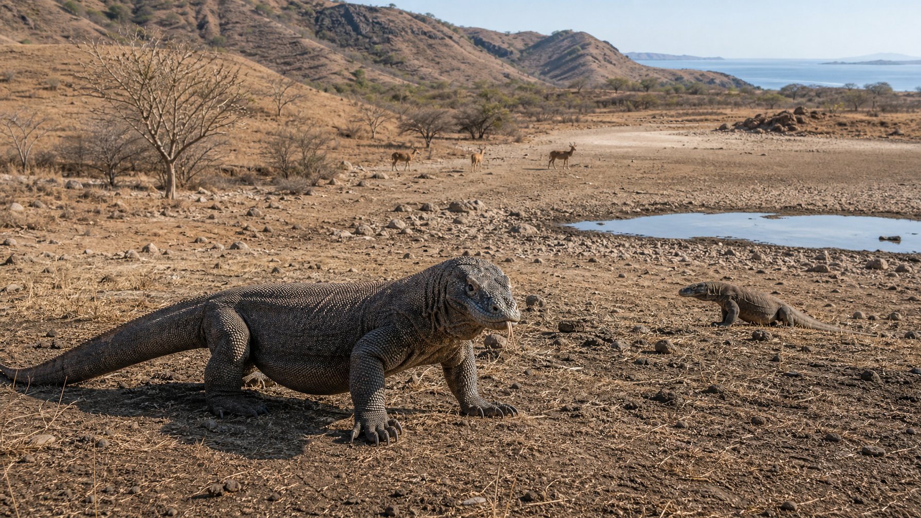 Seekor komodo dewasa berada di sabana kering Pulau Rinca dengan sumber udara yang menyusut dan vegetasi jarang.