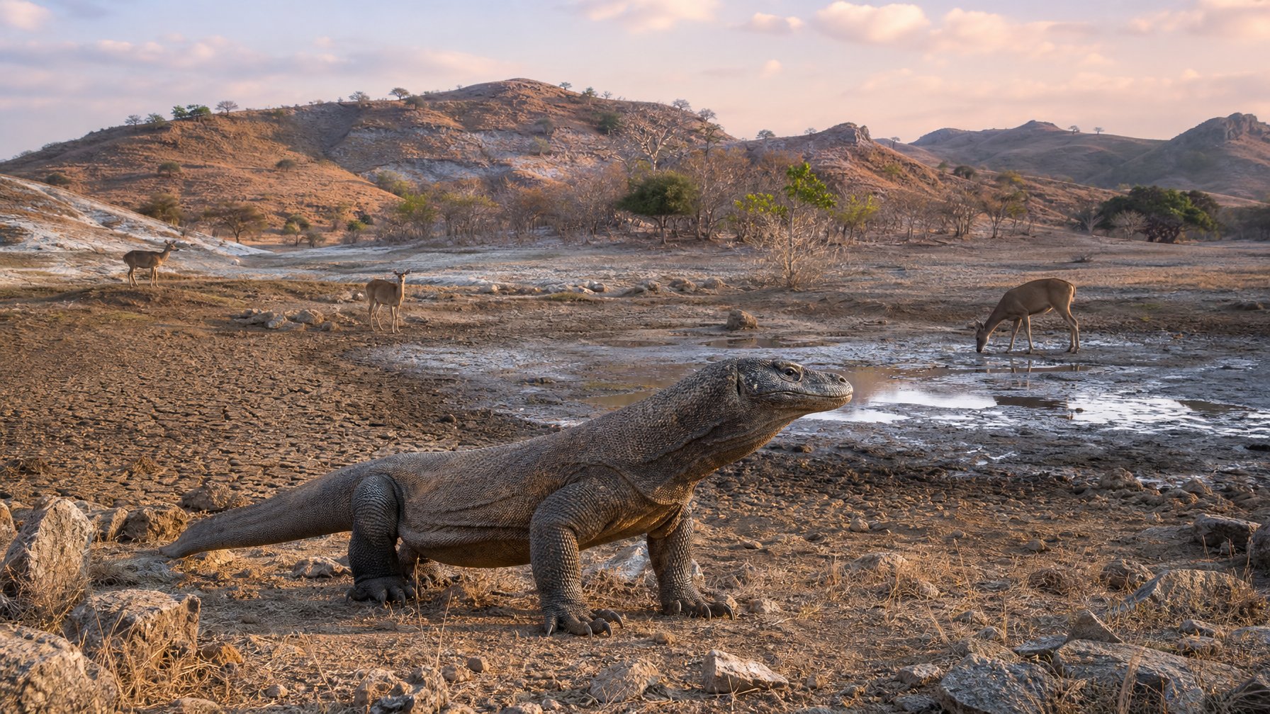 Seekor komodo berdiri di habitat sabana kering Pulau Rinca dengan tanah retak, vegetasi jarang, dan sumber udara yang menyusut.