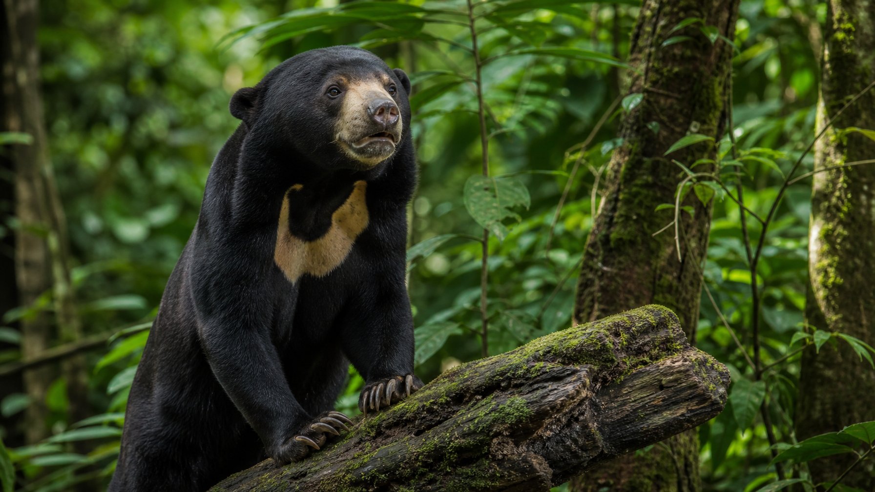 Beruang madu berciri khas dada berwarna krem ​​​​berdiri di batang kayu di dalam hutan hujan tropis.