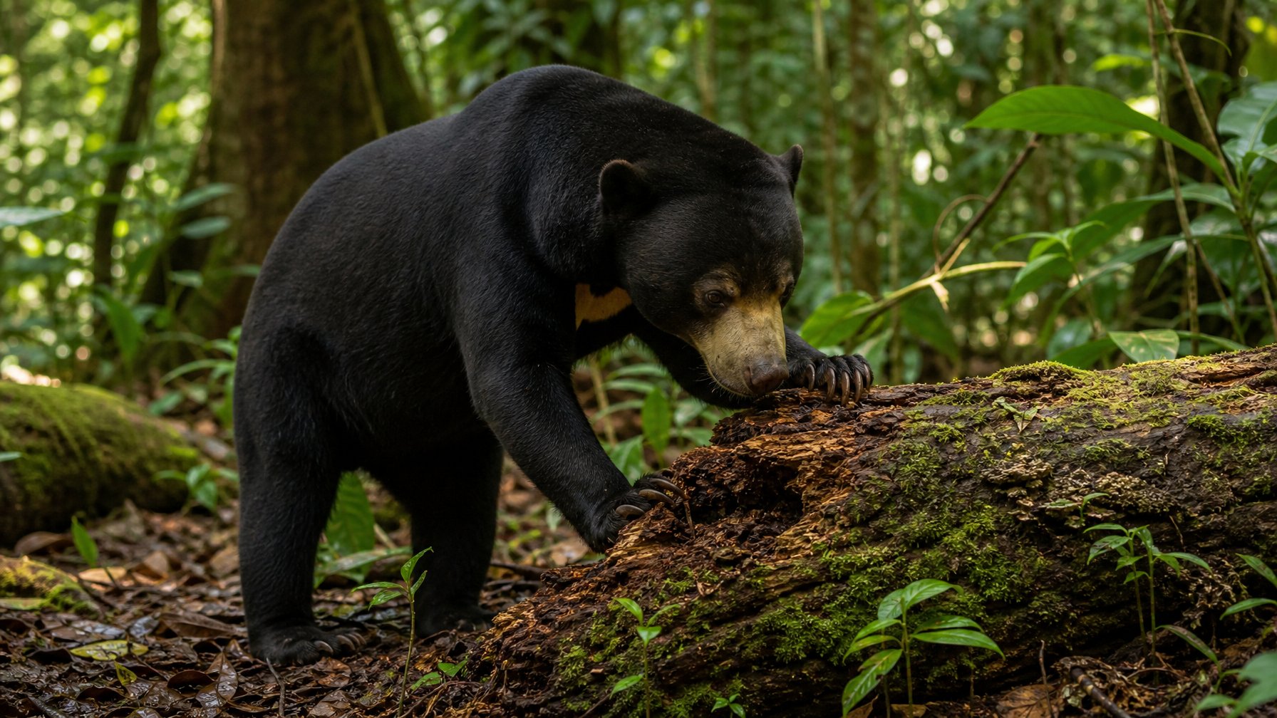 Beruang madu berdiri di lantai hutan hujan tropis di dekat batang kayu berlumut.