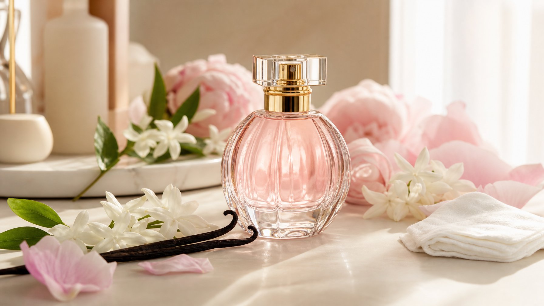 Botol parfum feminin dikelilingi bunga putih, kelopak mawar merah muda, vanila, dan daun hijau di atas meja rias berwarna krem.