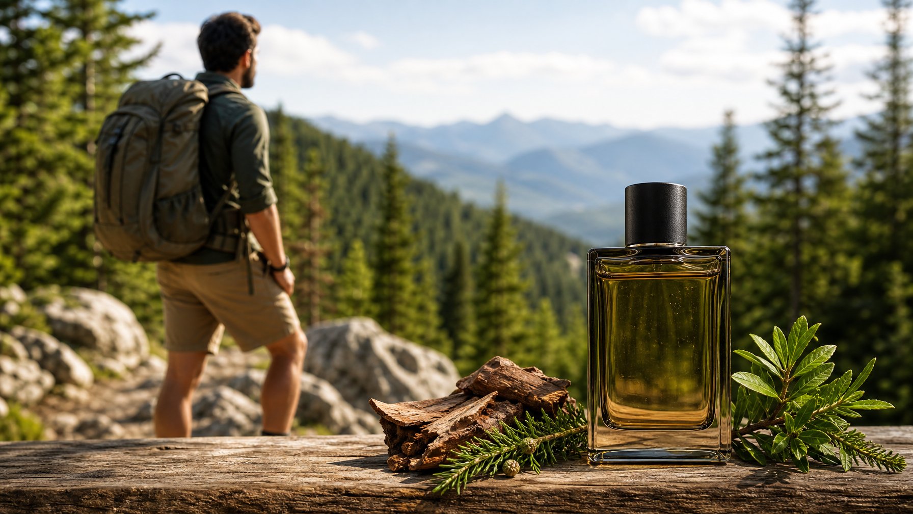 Botol parfum pria tanpa label berada di atas kayu di tepi jalur hutan, dengan pendaki dan pepohonan hijau di latar belakang.
