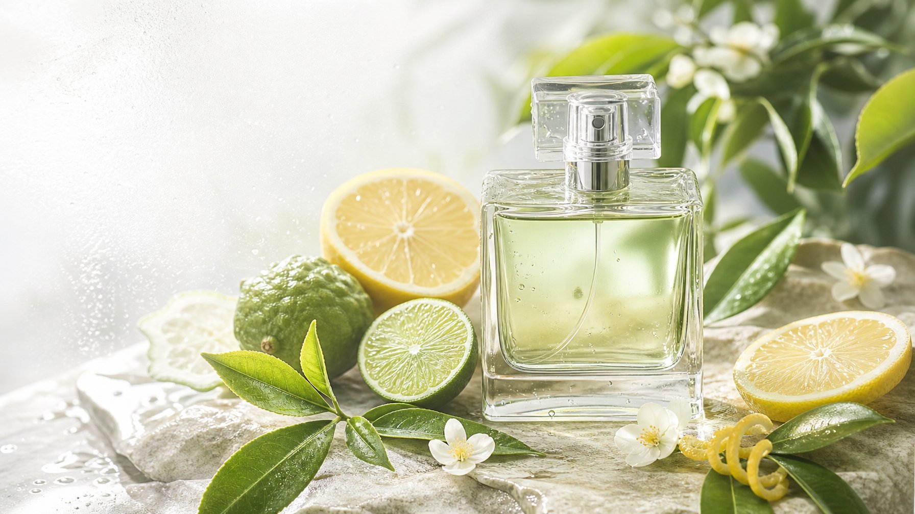 Botol parfum unisex mengandung daun teh hijau, irisan lemon, jeruk nipis, dan bunga putih di atas permukaan batu terang.