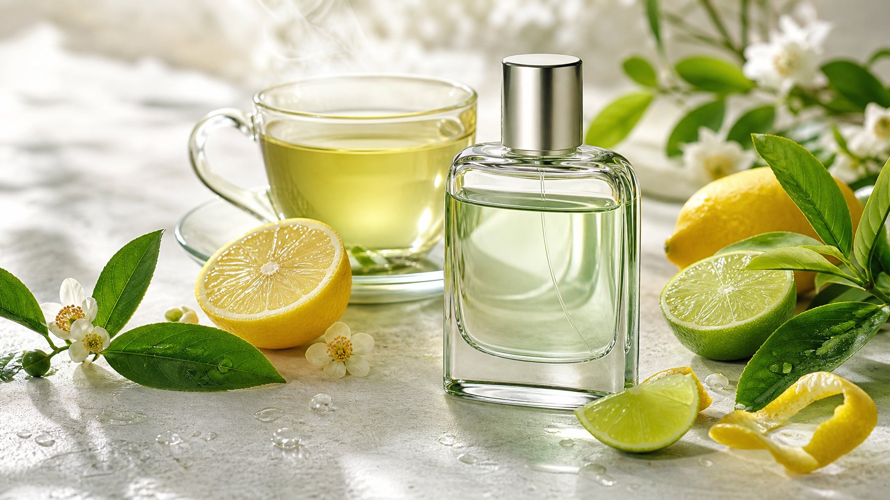 Botol parfum bening dikelilingi daun teh hijau, irisan lemon dan jeruk nipis, serta secangkir teh hijau.