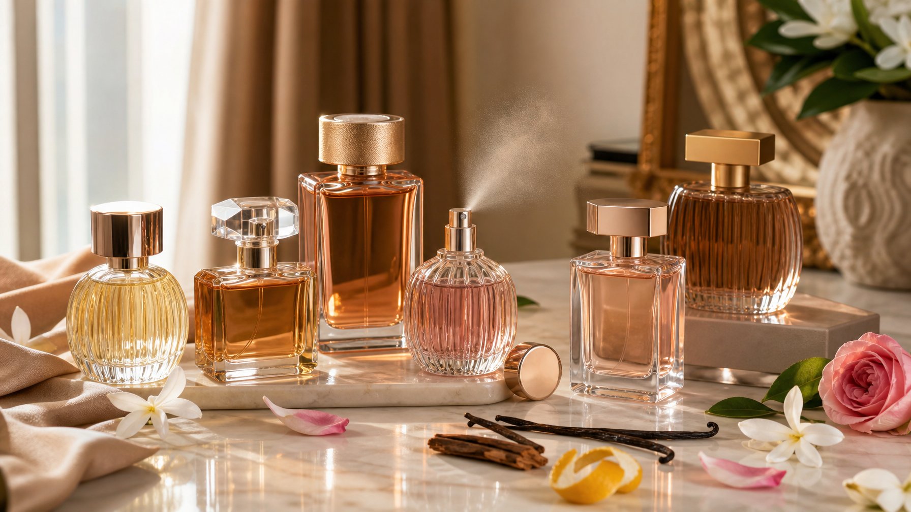 Beberapa botol parfum elegan tanpa label tersusun di atas meja marmer dengan bunga dan bahan pewangi alami.