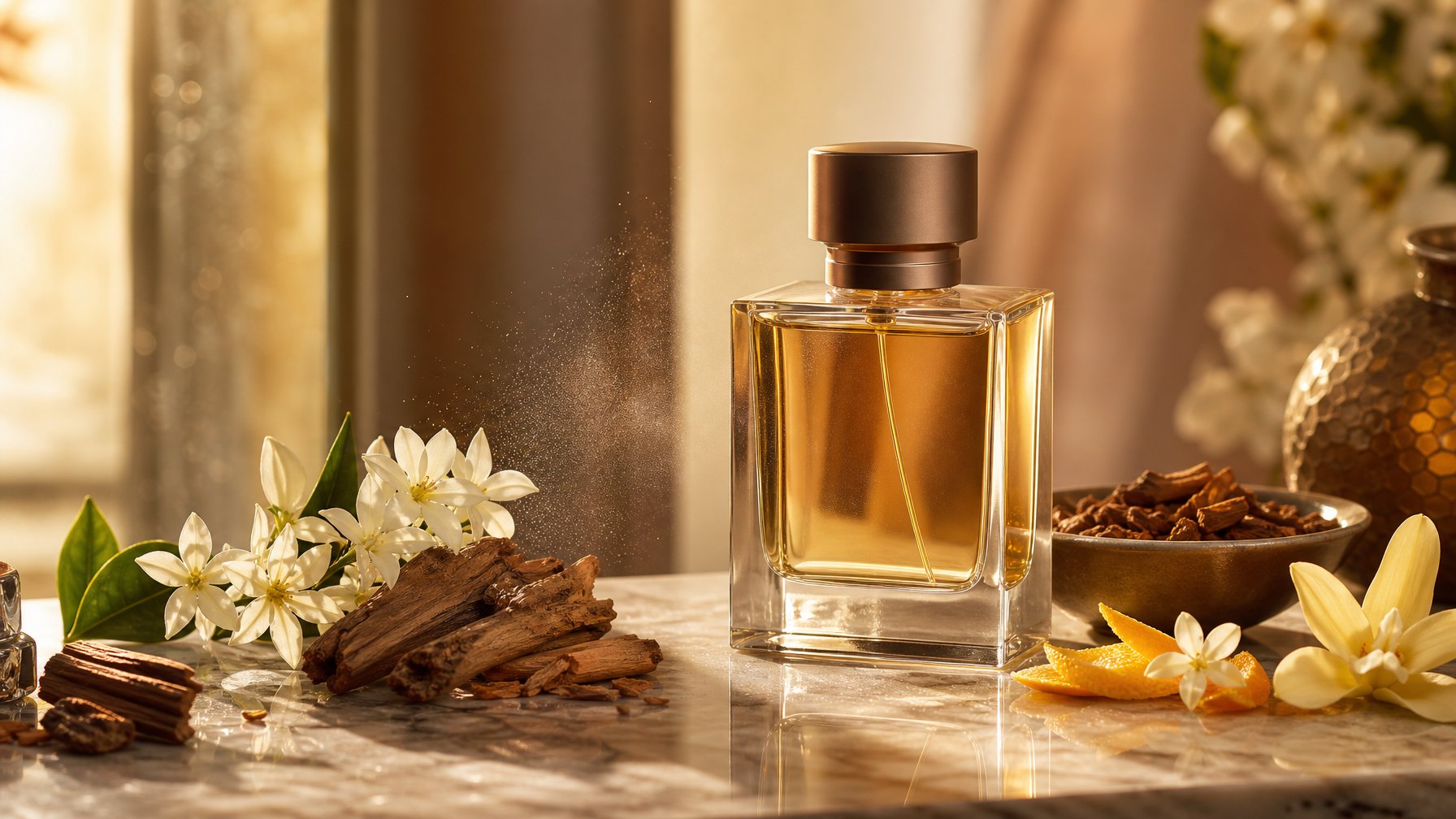 Botol parfum elegan bercampur bunga dan bahan-bahan aromatik di atas meja batu yang mewah.