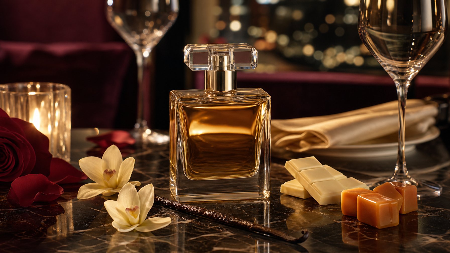 Botol parfum elegan dengan aroma vanila di tengah bunga vanila, cokelat putih, karamel, dan kelopak mawar di meja bernuansa malam romantis.