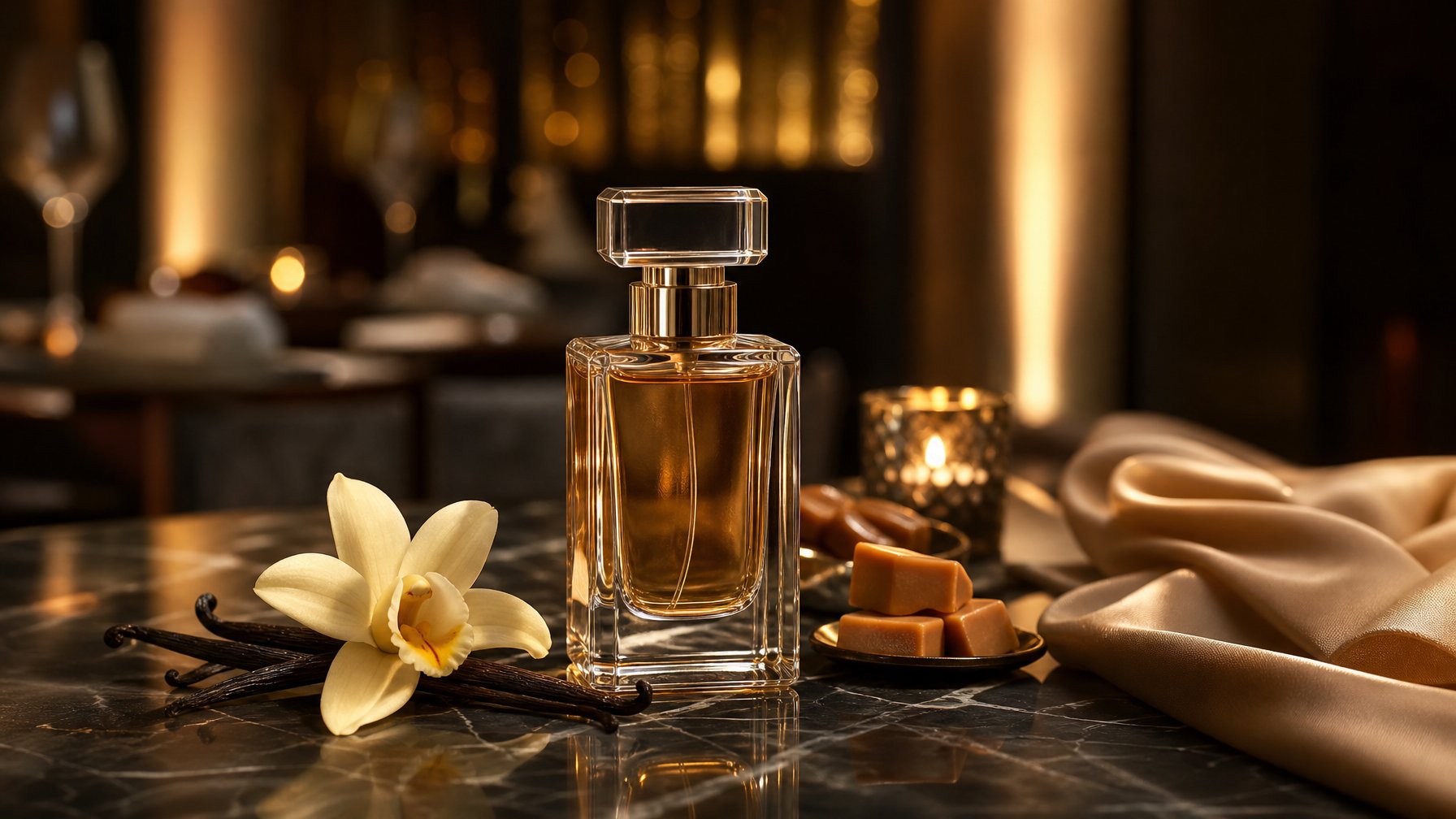 Botol parfum vanila elegan dengan bunga vanila dan biji vanila di atas meja marmer dalam suasana malam yang romantis.