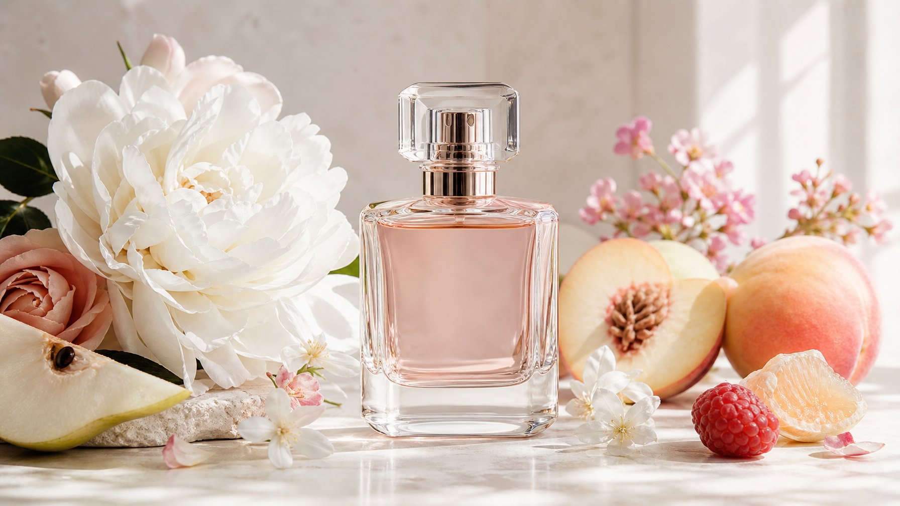 Botol parfum wanita dikelilingi bunga lembut dan potongan buah segar di atas permukaan terang.
