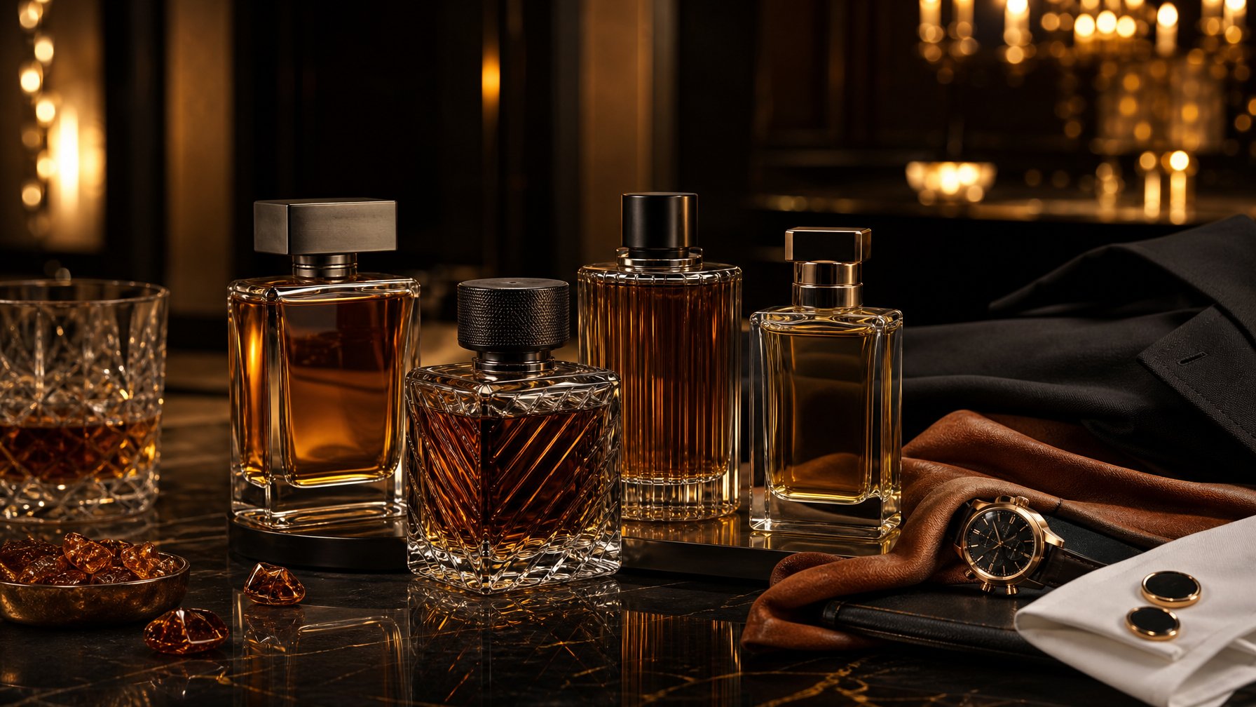 Beberapa botol parfum mewah tanpa merek diletakkan di atas permukaan gelap bersama aksen kulit cokelat dan aksesori formal.