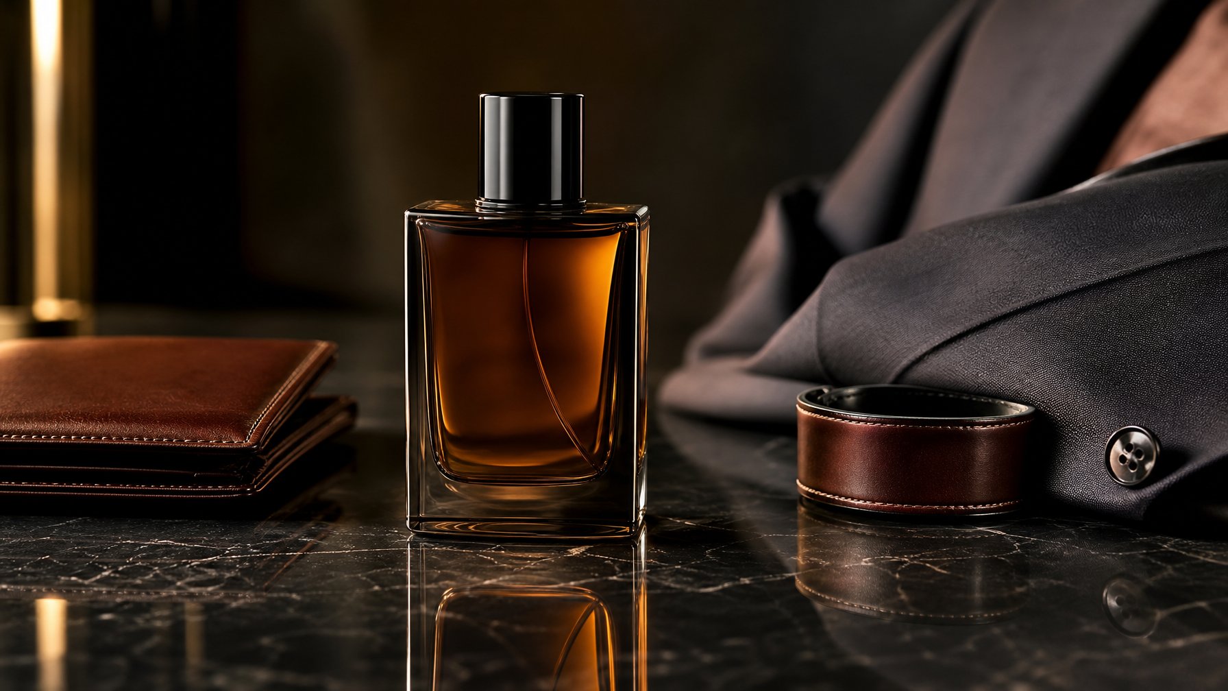 Botol parfum amber berdiri di samping aksesori kulit cokelat di atas permukaan batu hitam.
