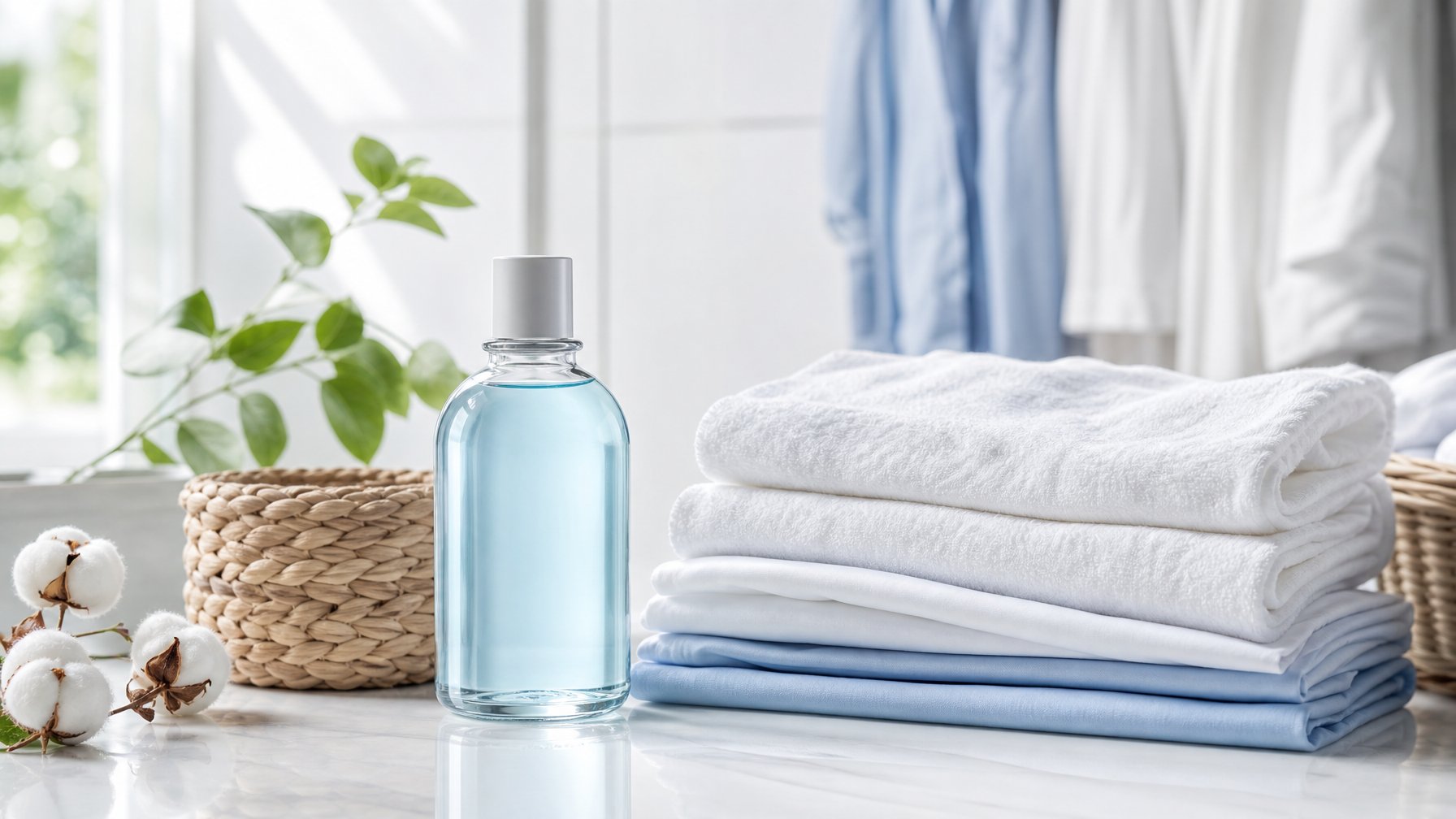 Botol pewangi laundry biru muda di samping pakaian putih yang terlipat rapi dalam ruangan laundry yang cerah.