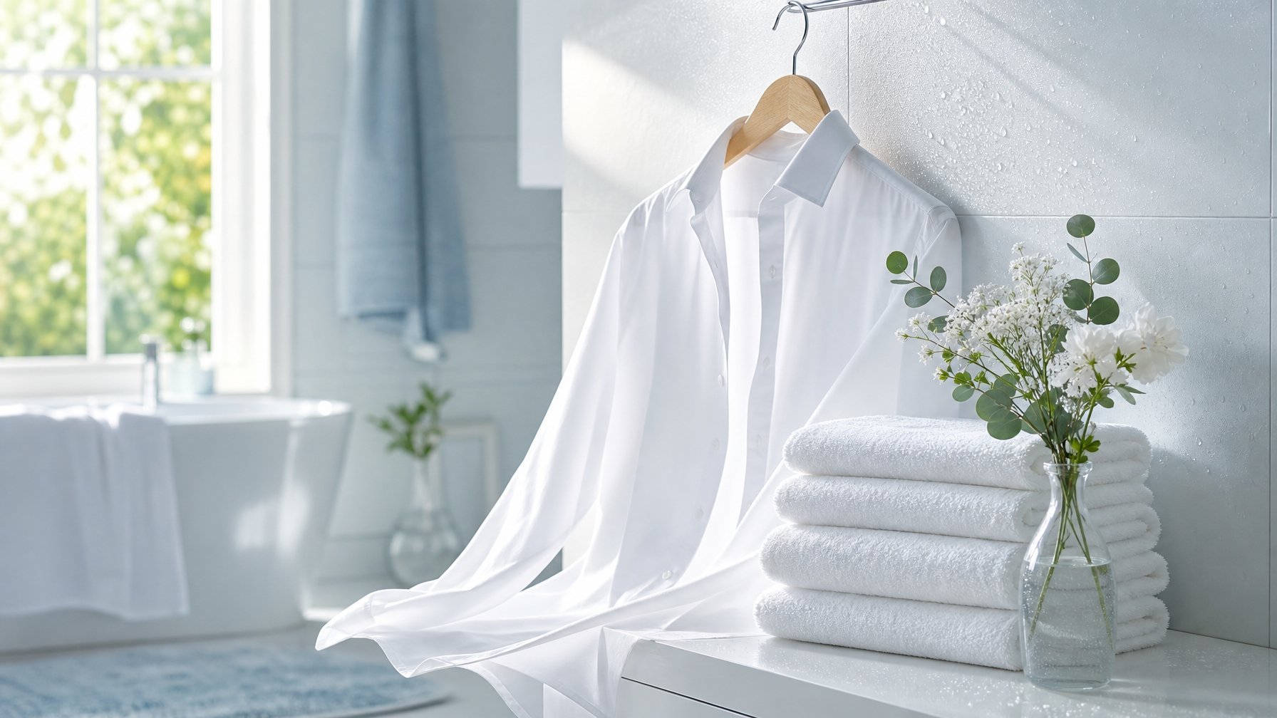 Handuk putih dan kemeja bersih tertata di ruang terang dengan bunga putih dan daun eucalyptus.