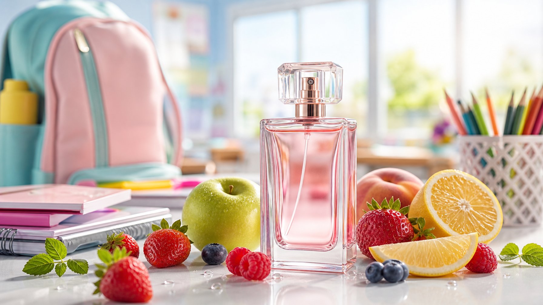 Botol parfum disertai buah-buahan segar dan perlengkapan sekolah di atas meja.