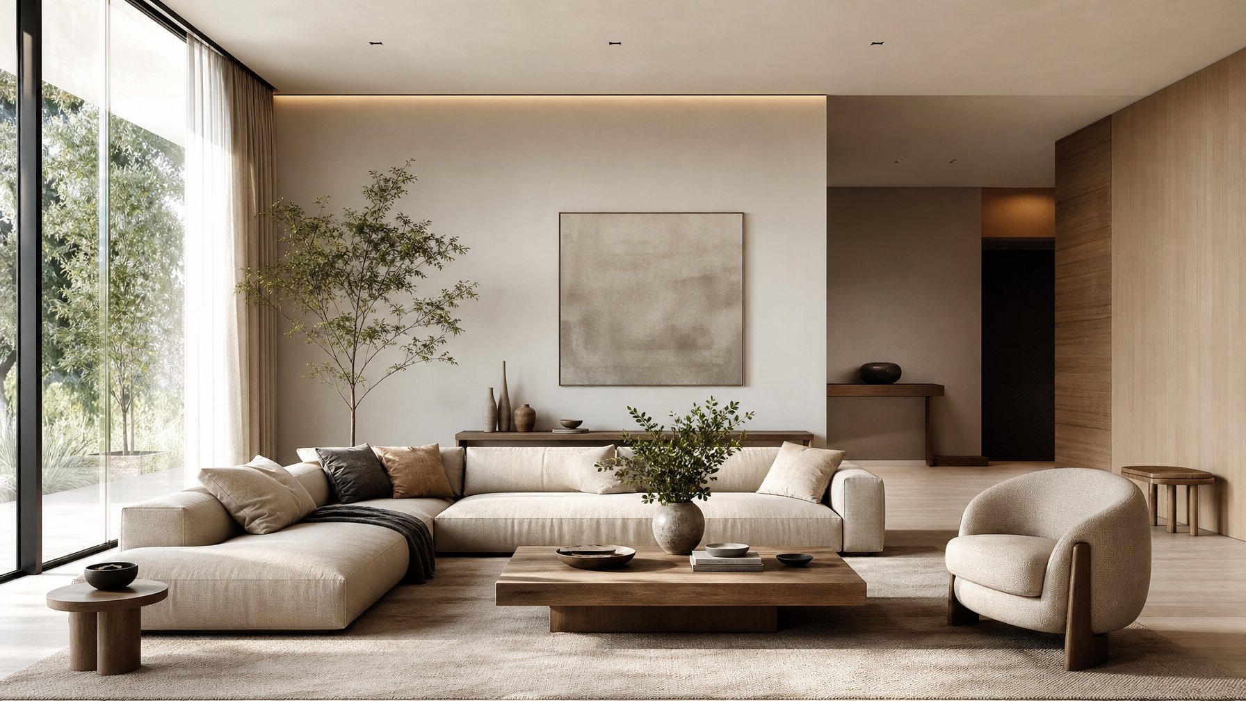 Ruang tamu modern dengan sofa, meja kopi, tanaman hias, dan jendela besar yang menghadirkan cahaya alami.