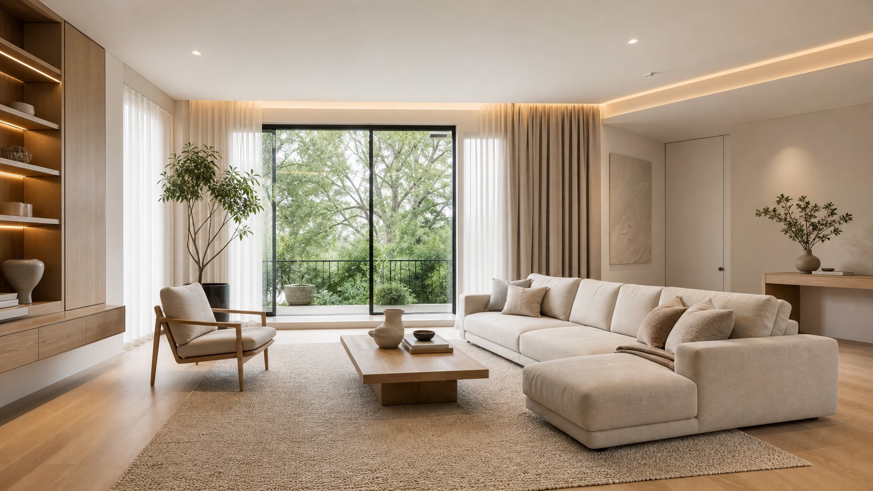 Ruang tamu minimalis modern yang terang, luas, dan tertata rapi dengan sofa, meja kopi, tanaman, serta jendela besar.
