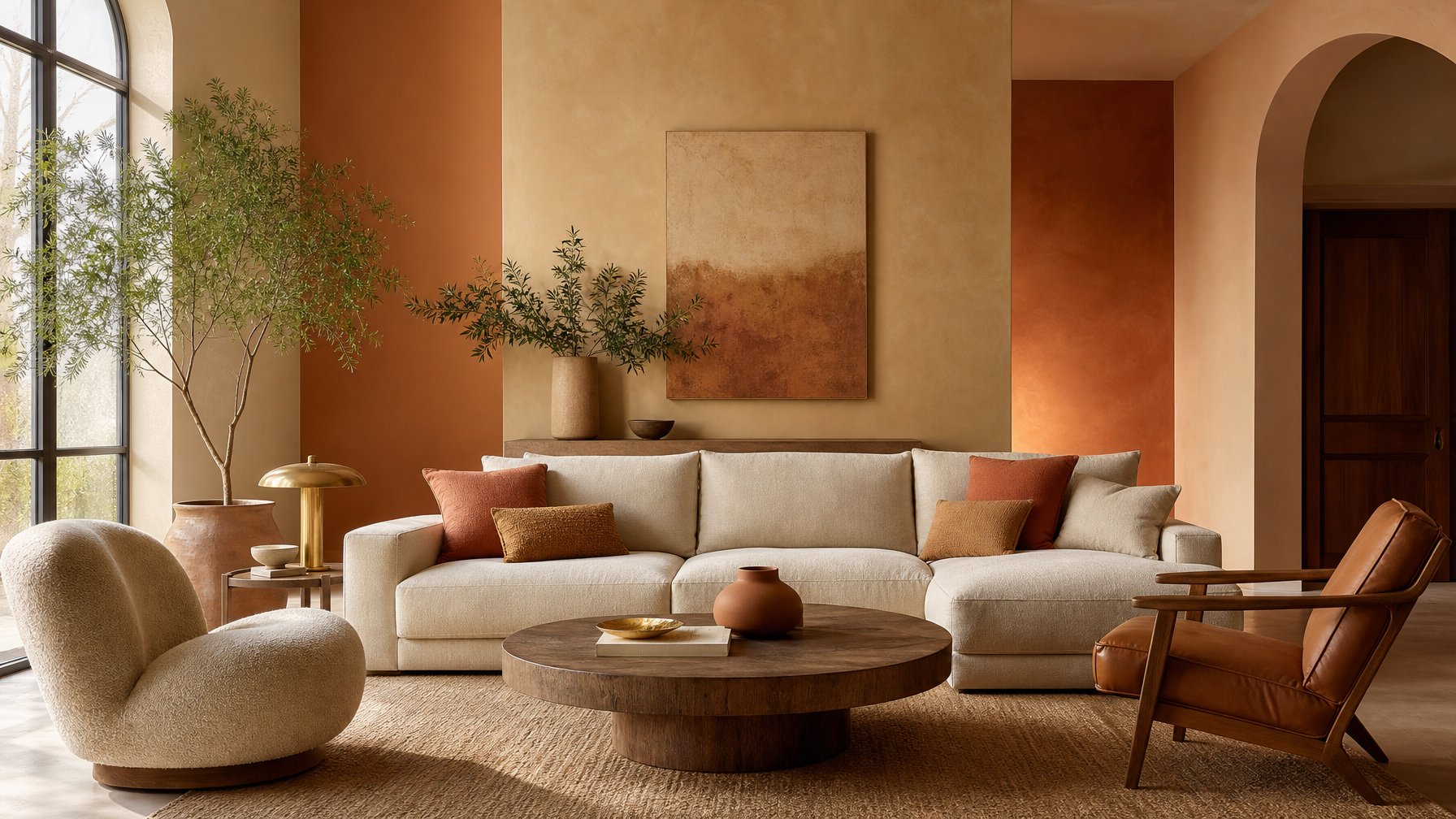 Ruang tamu modern dengan dinding bernuansa hangat, furnitur kayu, sofa linen, dan tanaman hias.