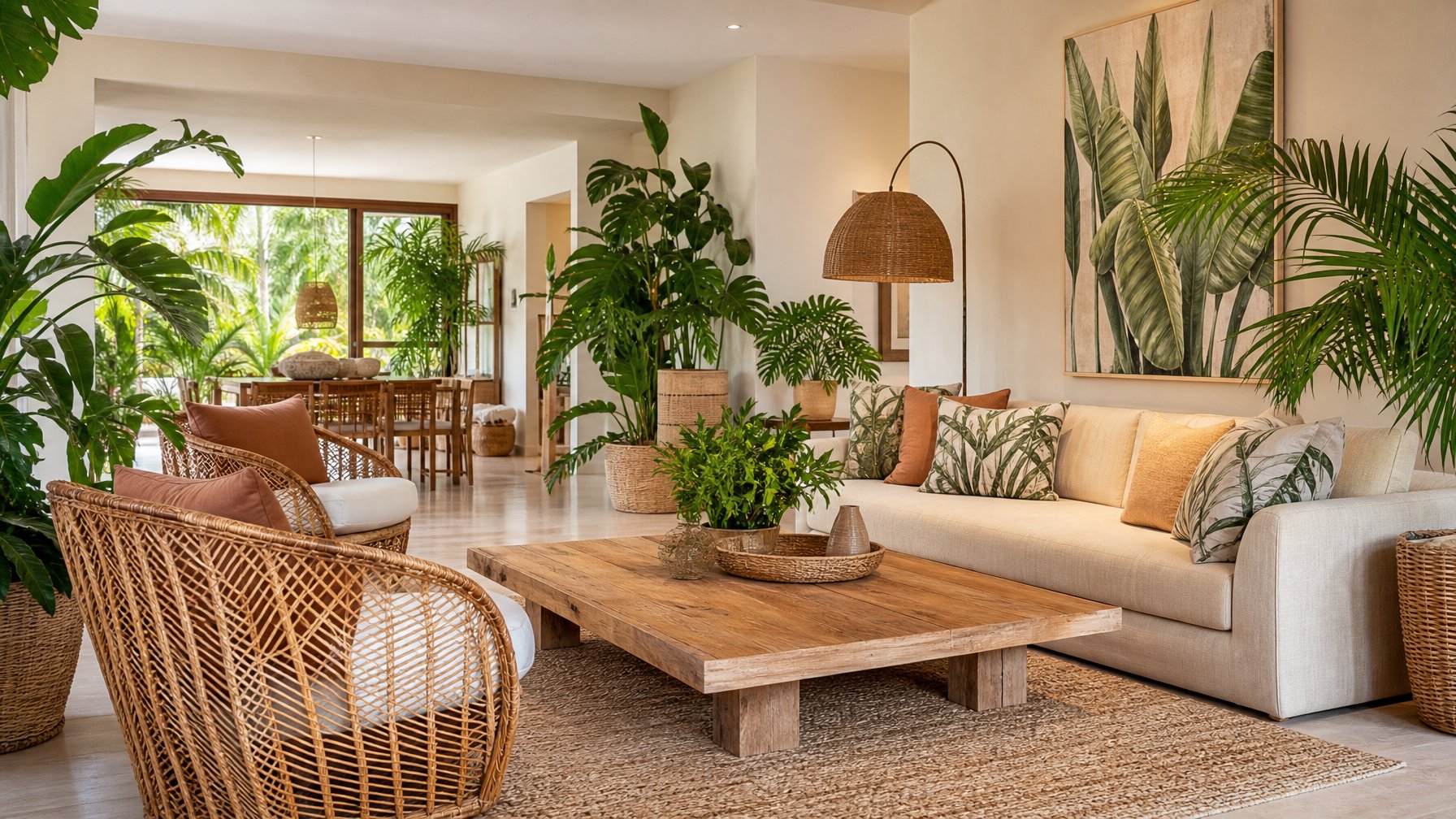 Ruang keluarga nyaman dengan sofa, furnitur kayu, dan tanaman hijau tropis di dalam ruangan.