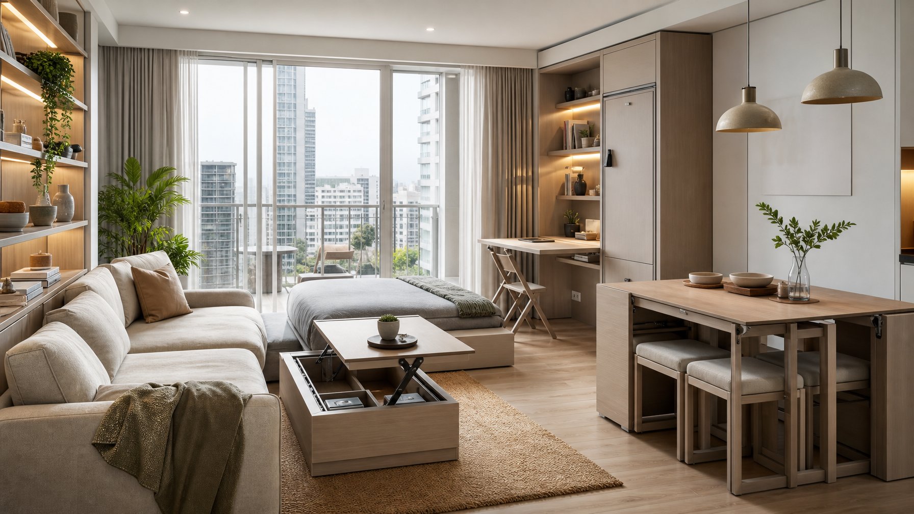 Interior apartemen modern dengan furnitur multifungsi yang menghemat ruang, termasuk sofa modular, meja penyimpanan, dan meja kerja lipat.