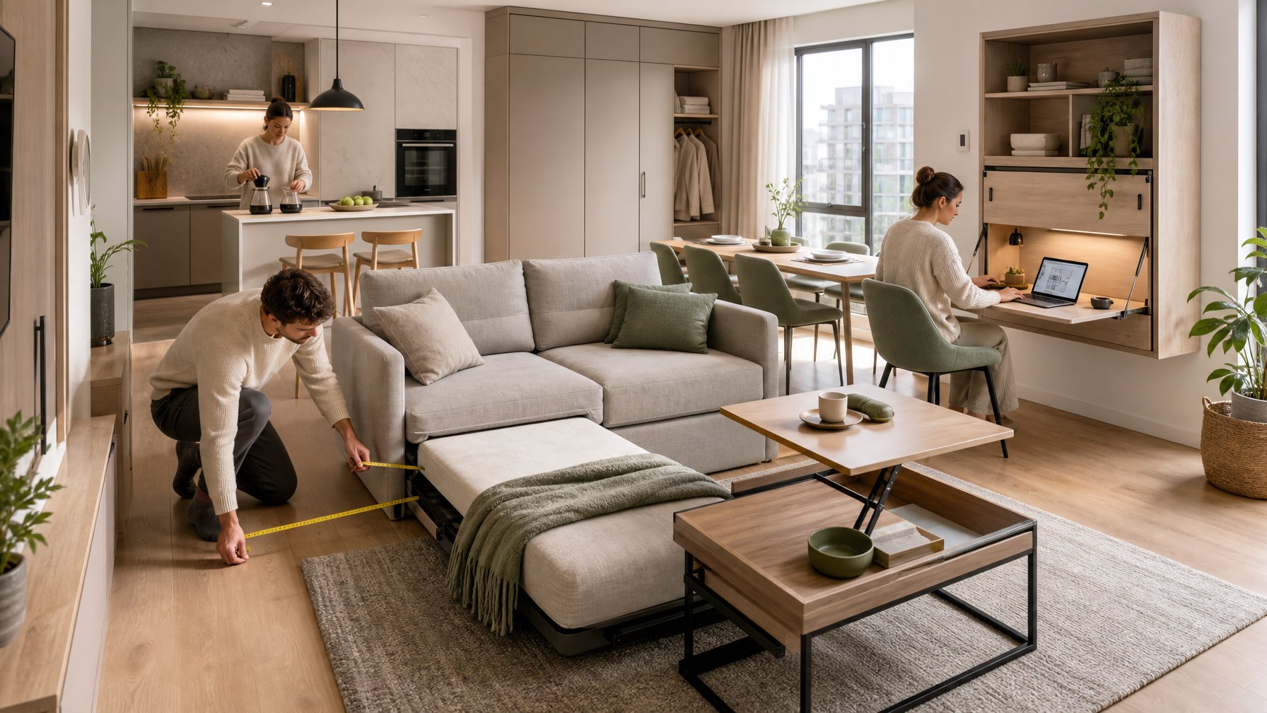 Ruang apartemen modern dengan furnitur multifungsi dan penghuni yang mengukur jarak antarperabot.