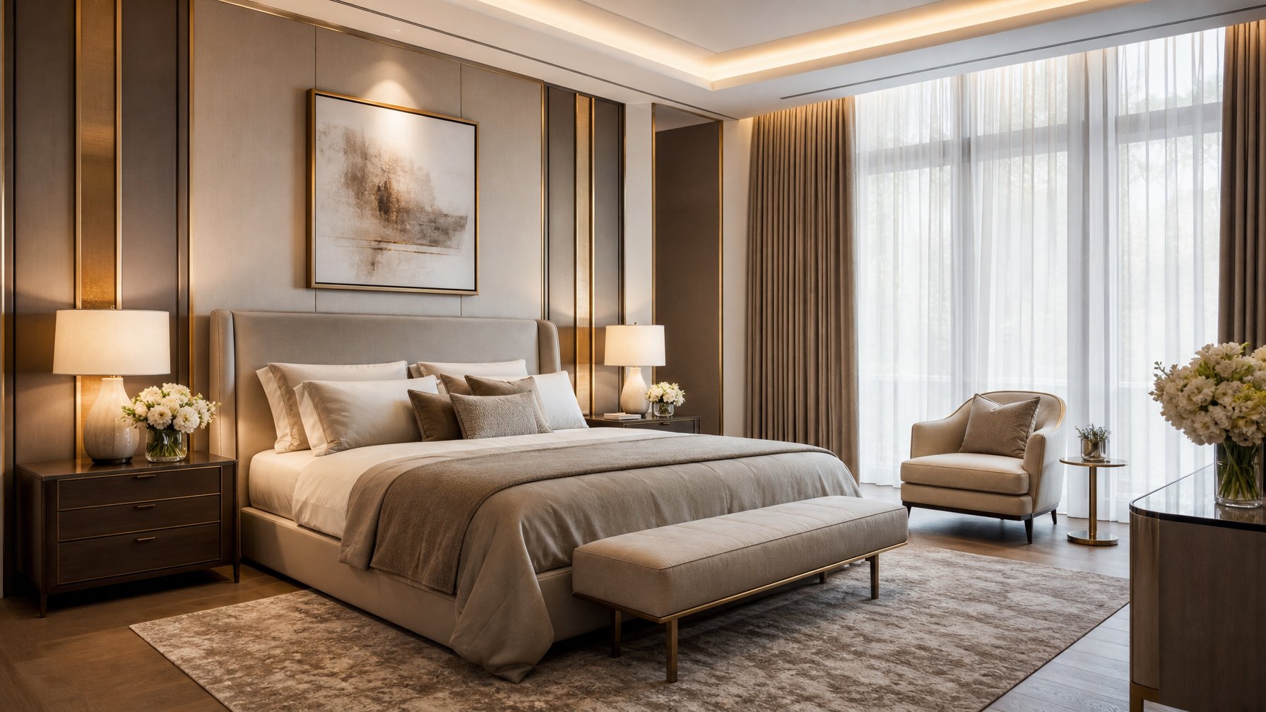 Kamar tidur utama mewah dengan tempat tidur besar, meja samping, lampu, kursi, karpet, dan dekorasi elegan.