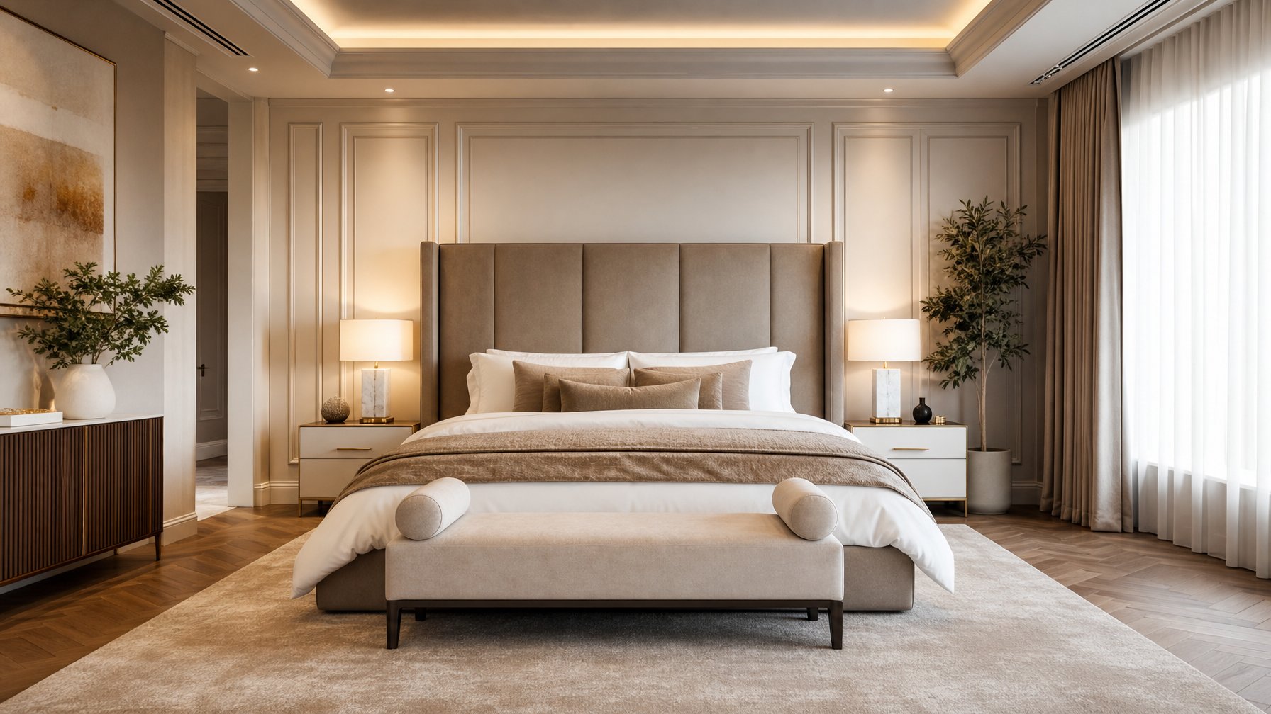 Kamar tidur utama luas dengan tempat tidur besar, warna netral hangat, pencahayaan lembut, dan dekorasi elegan.