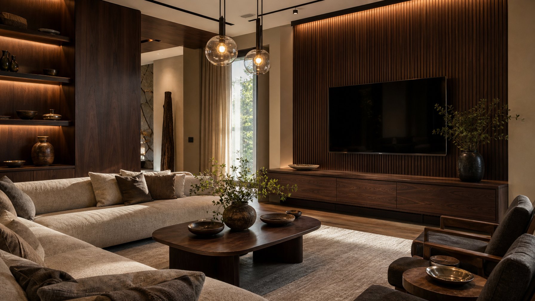 Ruang tamu modern dengan panel dinding, meja, dan aksen kayu berwarna gelap yang dipadukan dengan sofa bernuansa netral.