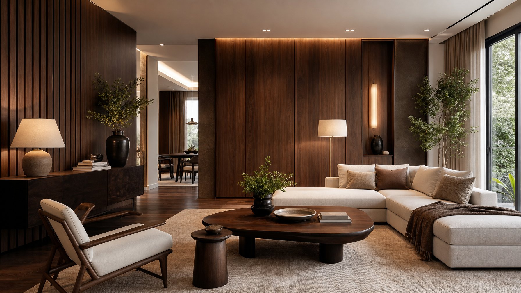 Ruang tamu modern dengan panel dinding dan furnitur kayu berwarna gelap, dipadukan dengan sofa krem, tanaman hijau, dan pencahayaan hangat.