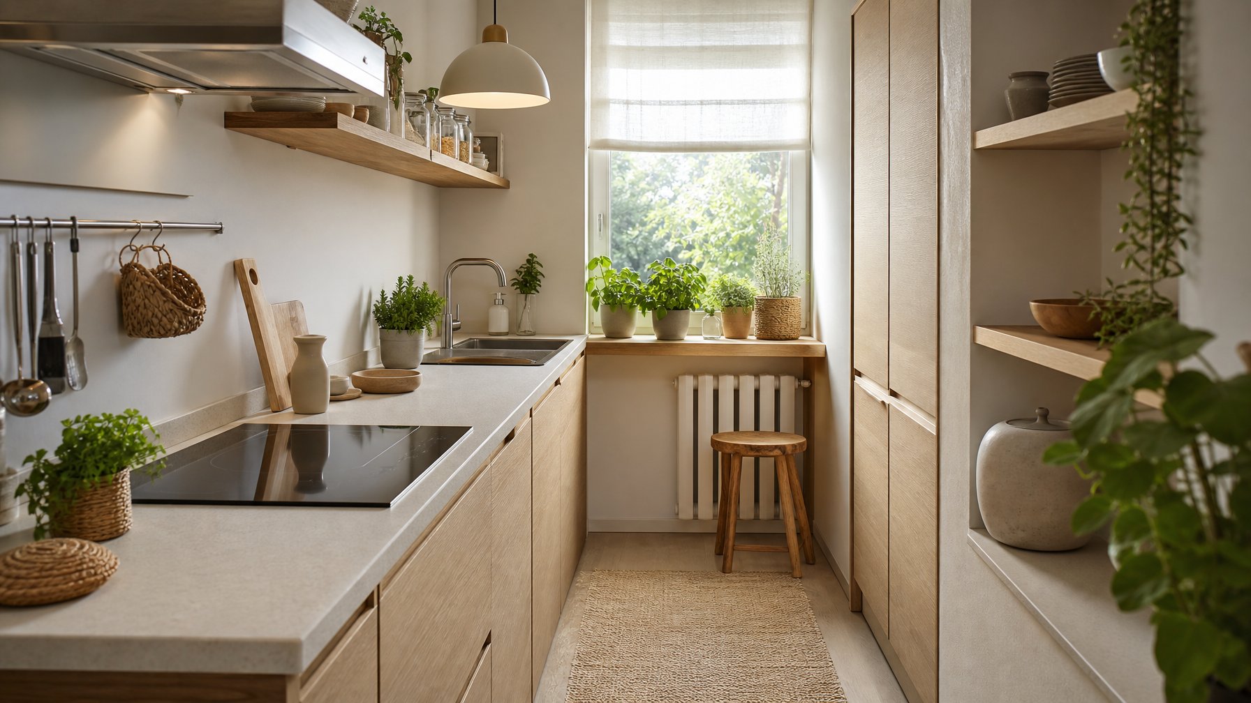Dapur kecil minimalis dengan lemari kayu terang, peralatan sederhana, tanaman herbal, dan cahaya alami.
