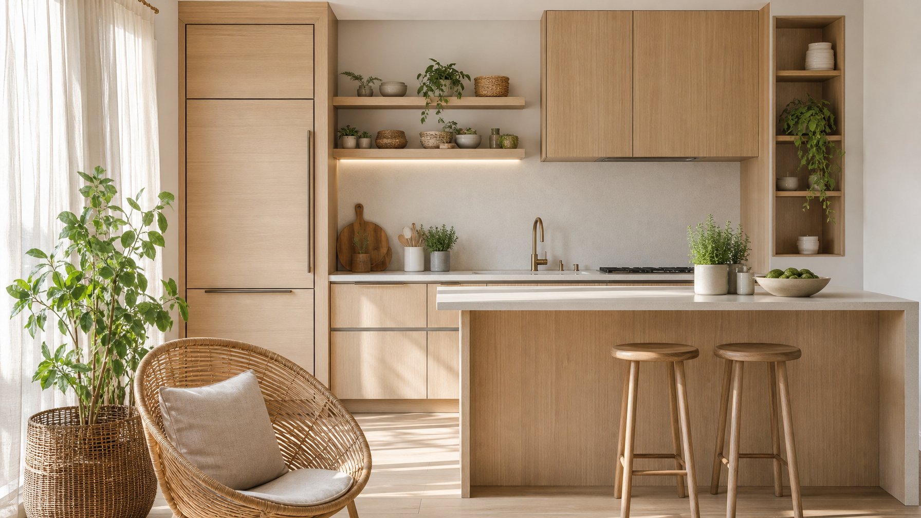 Dapur kecil minimalis dengan lemari kayu terang, tanaman hijau, dan tata ruang yang rapi.