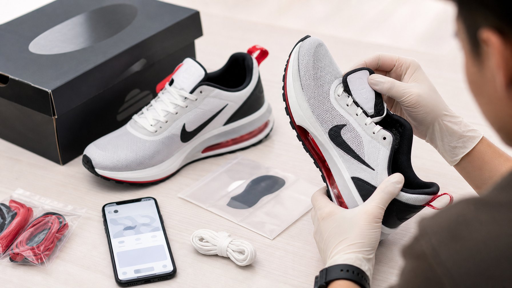 Seseorang memeriksa keaslian sepasang sepatu Nike baru di samping kotak dan ponsel.