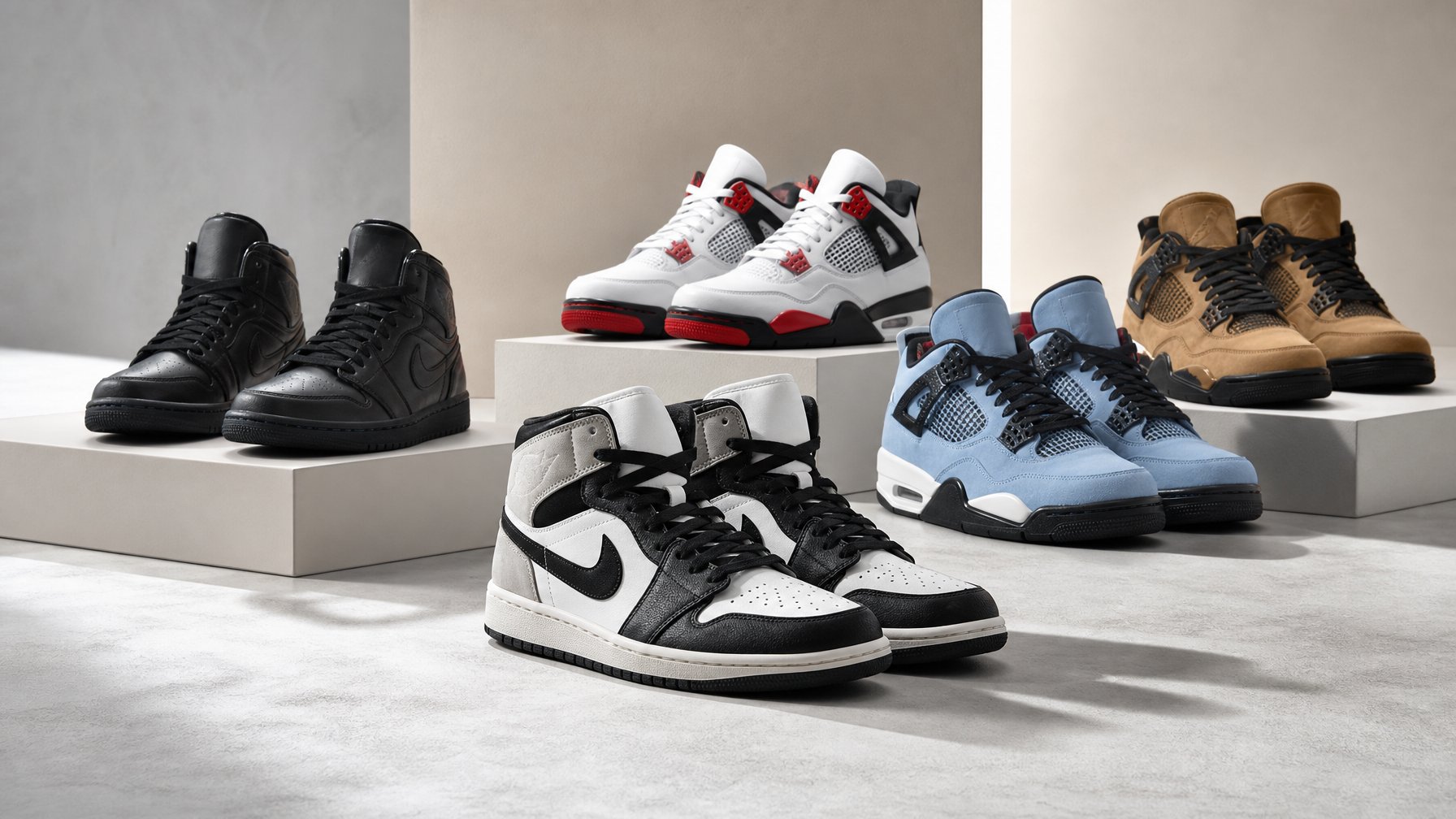 Beberapa pasang sepatu basket Air Jordan tersusun rapi di atas permukaan meja dengan satu pasang sebagai fokus utama.