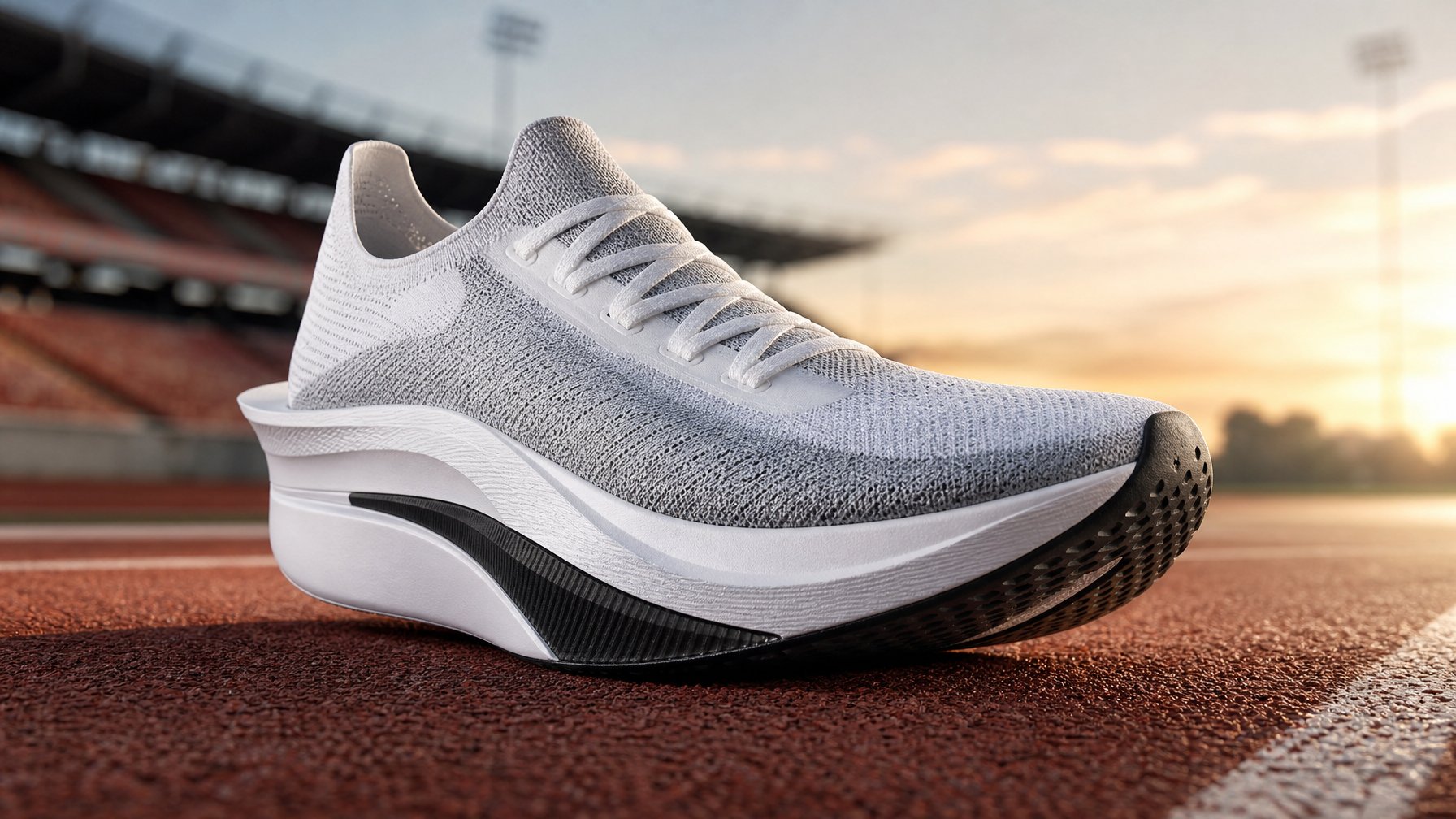 Sepatu lari berdesain aerodinamis berada di lintasan stadion dengan latar belakang buram.