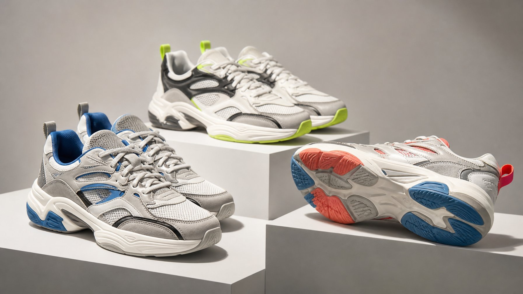 Beberapa sepatu sneakers modern dipajang di atas platform studio dengan latar abu-abu terang.