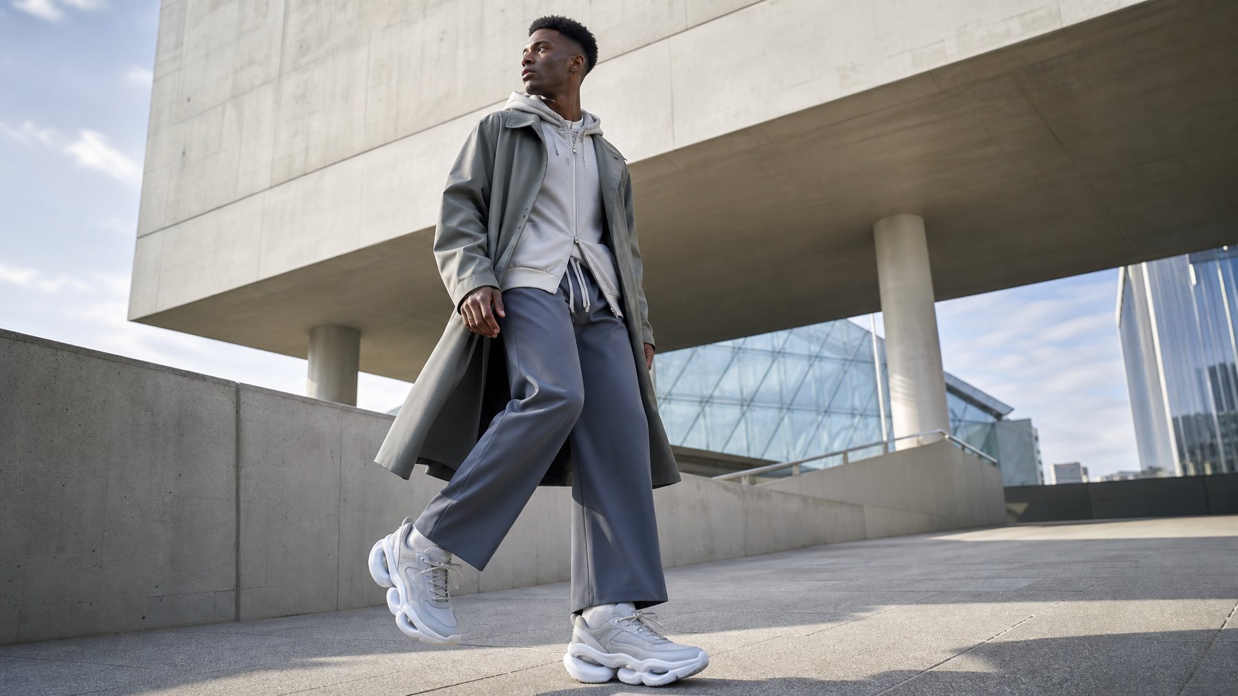 Model berjalan di lingkungan kota modern mengenakan pakaian streetwear dan sneakers bergaya futuristis.