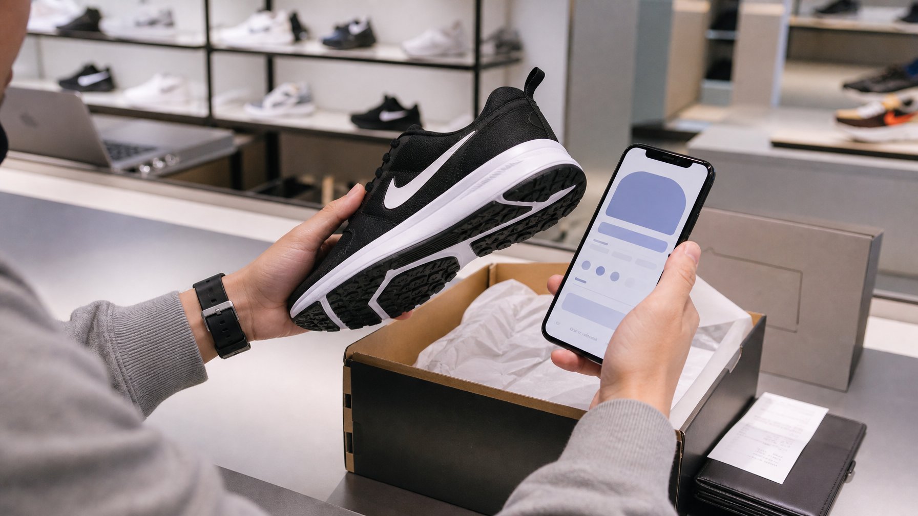 Pembeli memeriksa keaslian sepatu Nike dan kemasannya sebelum melakukan pembayaran.