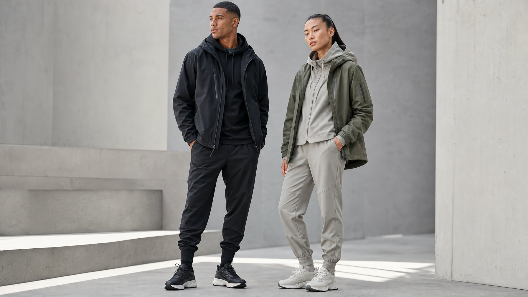 Dua model mengenakan jaket dan hoodie olahraga modern dalam suasana studio minimalis.
