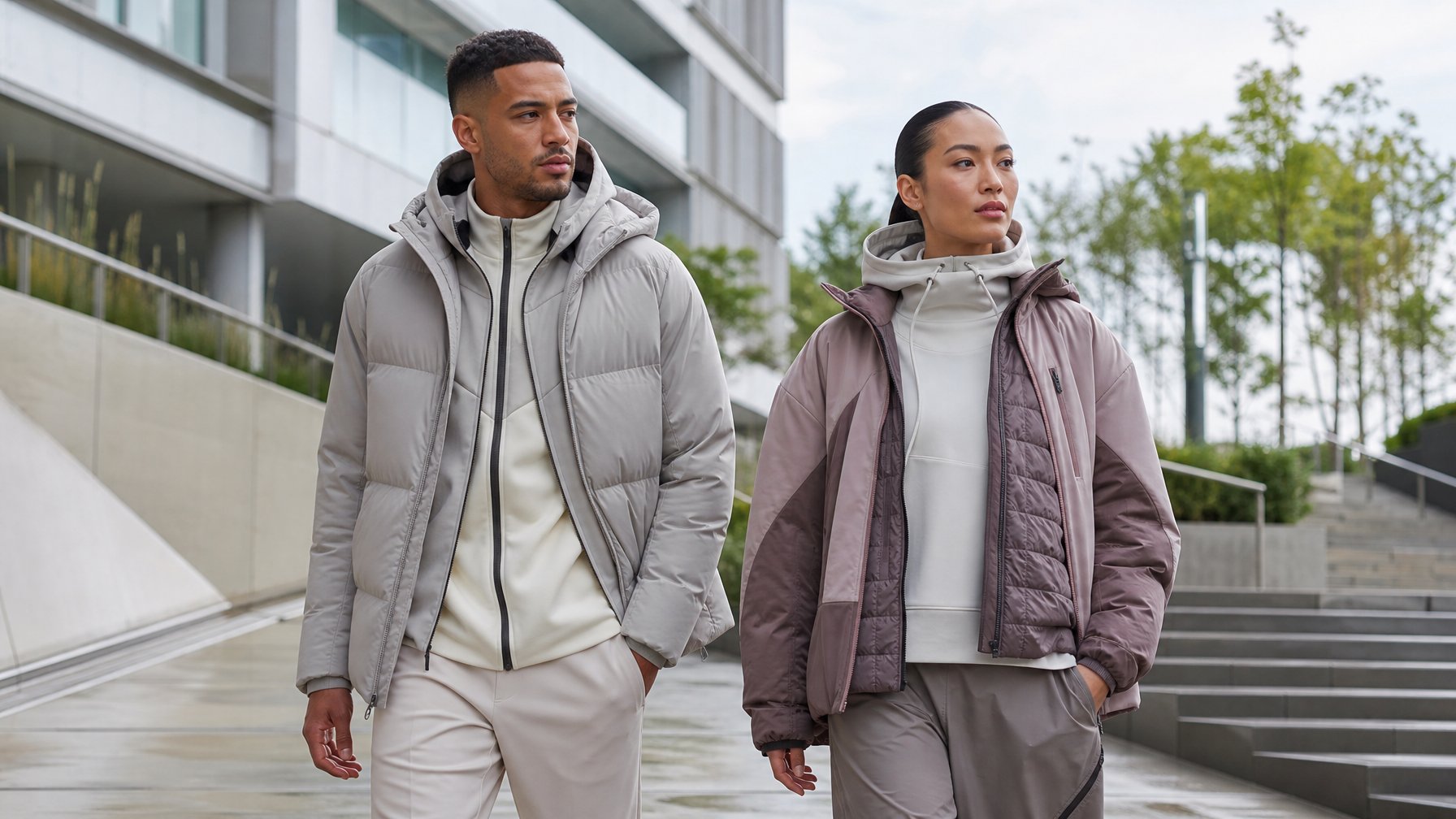Dua model mengenakan jaket dan hoodie olahraga modern di lingkungan perkotaan.