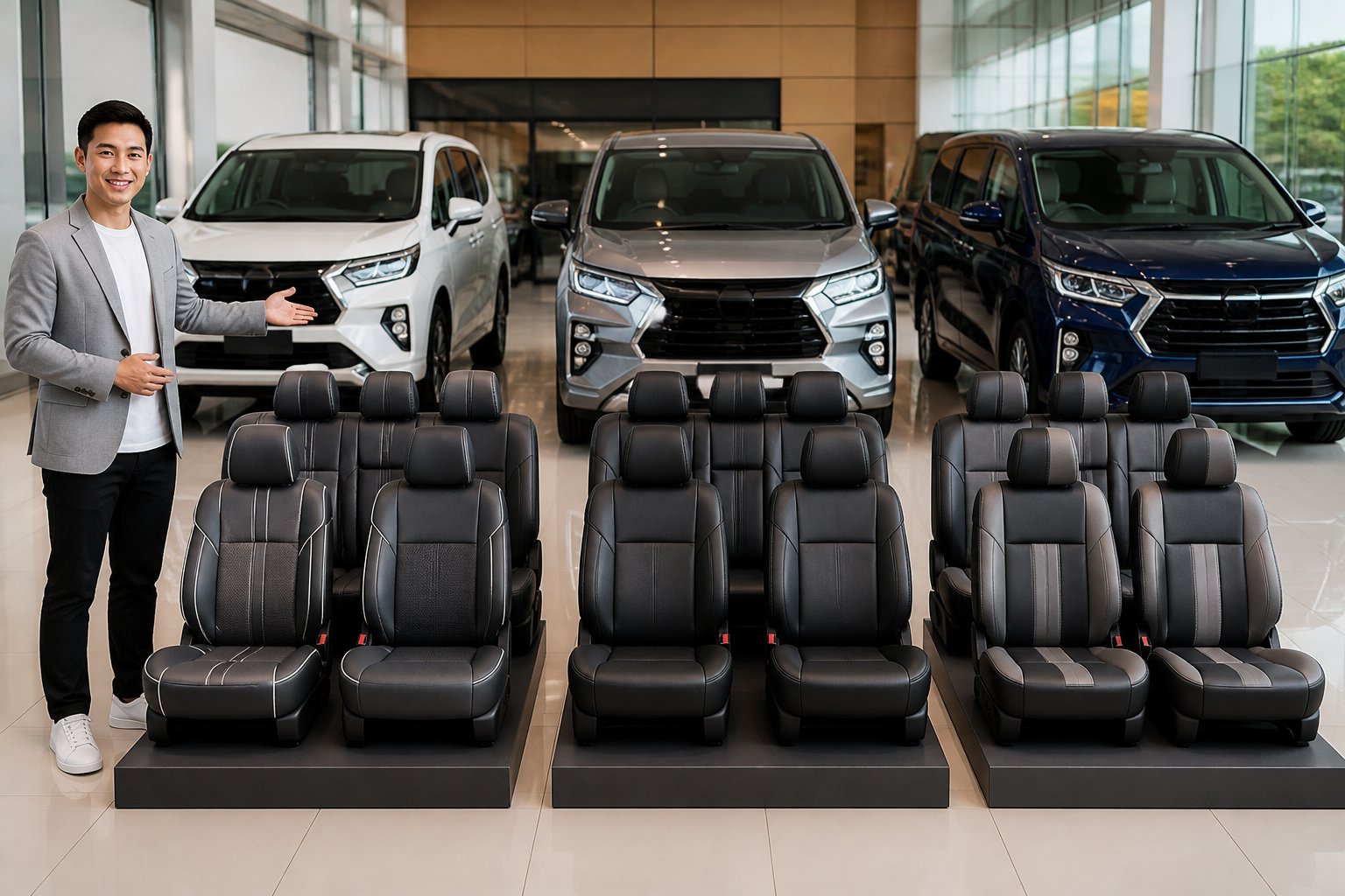 Tiga mobil MPV dan beberapa set sarung jok premium dipajang di ruang pamer otomotif.